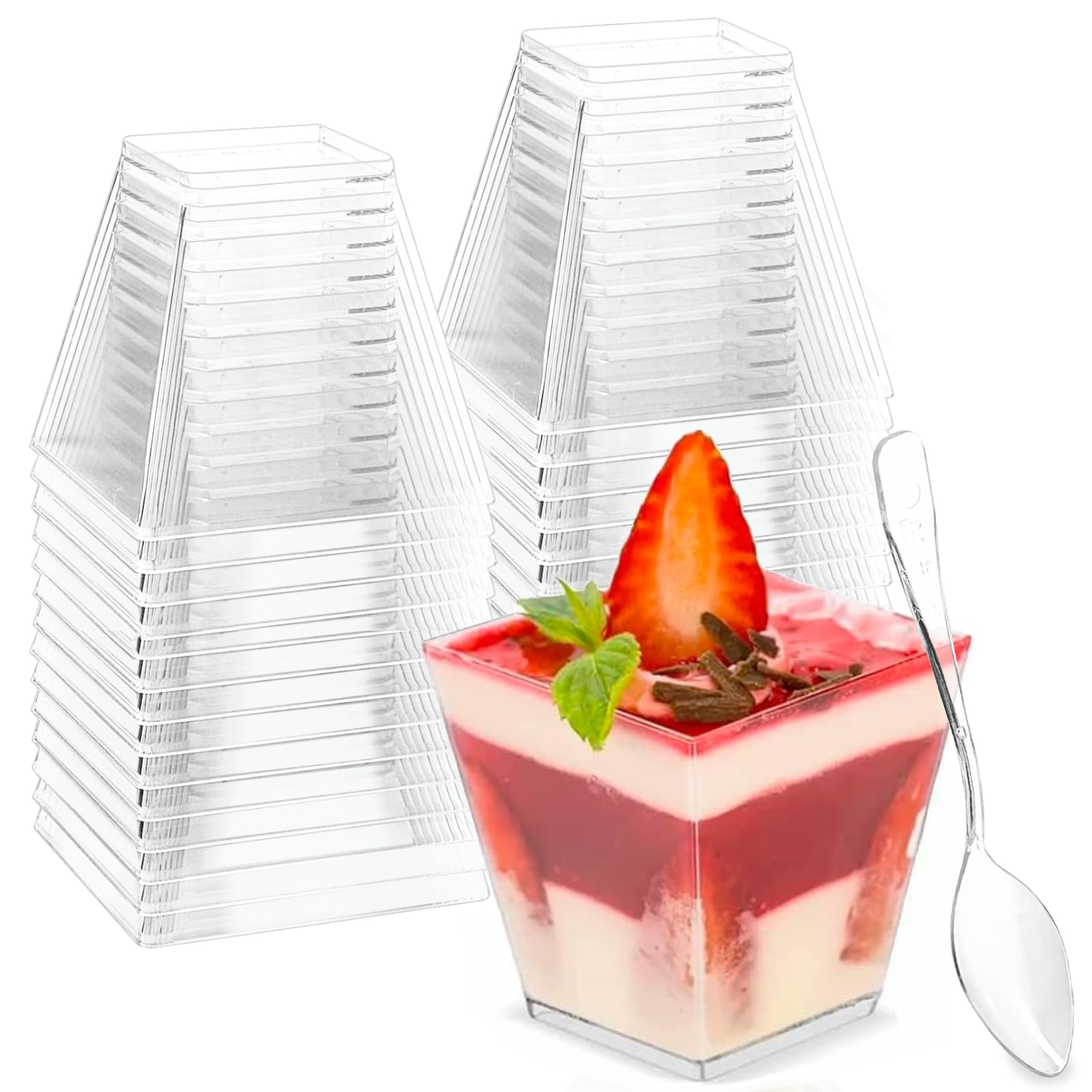 Photo 1 of Zezzxu 2 oz Small Dessert Cups with Spoons, 100 Pack Mini Plastic Parfait Cups Reusable Party Serving Shot Glasses for Samples, Jello, Appetizer, Pudding