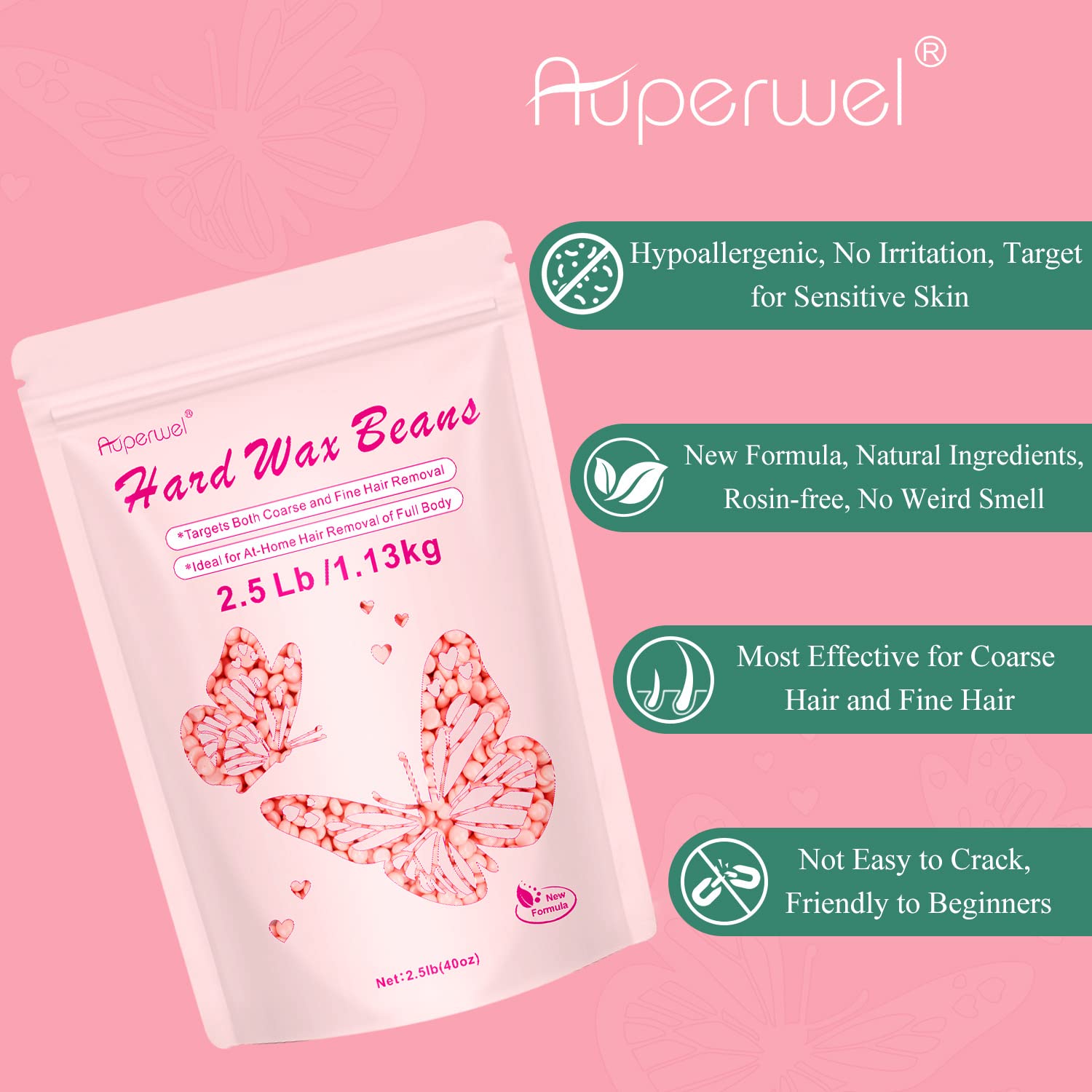 Wax Beads for Hair Removal, Auperwel 2.5lb Hard Wax Beads for Sensitive Skin with 20 Sticks, Waxing Beans for Brazilian, Bikini, Eyebrow Waxing, Painless Refill Pearl Beads for Wax Warmers Kit (Rose)
