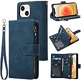 RANYOK Wallet Case Compatible with iPhone 13/14 (6.1 inch), Premium PU Leather Zipper Flip Folio Wallet RFID Blocking with Wrist Strap Magnetic Closure Built-in Kickstand Protective Case (Blue)