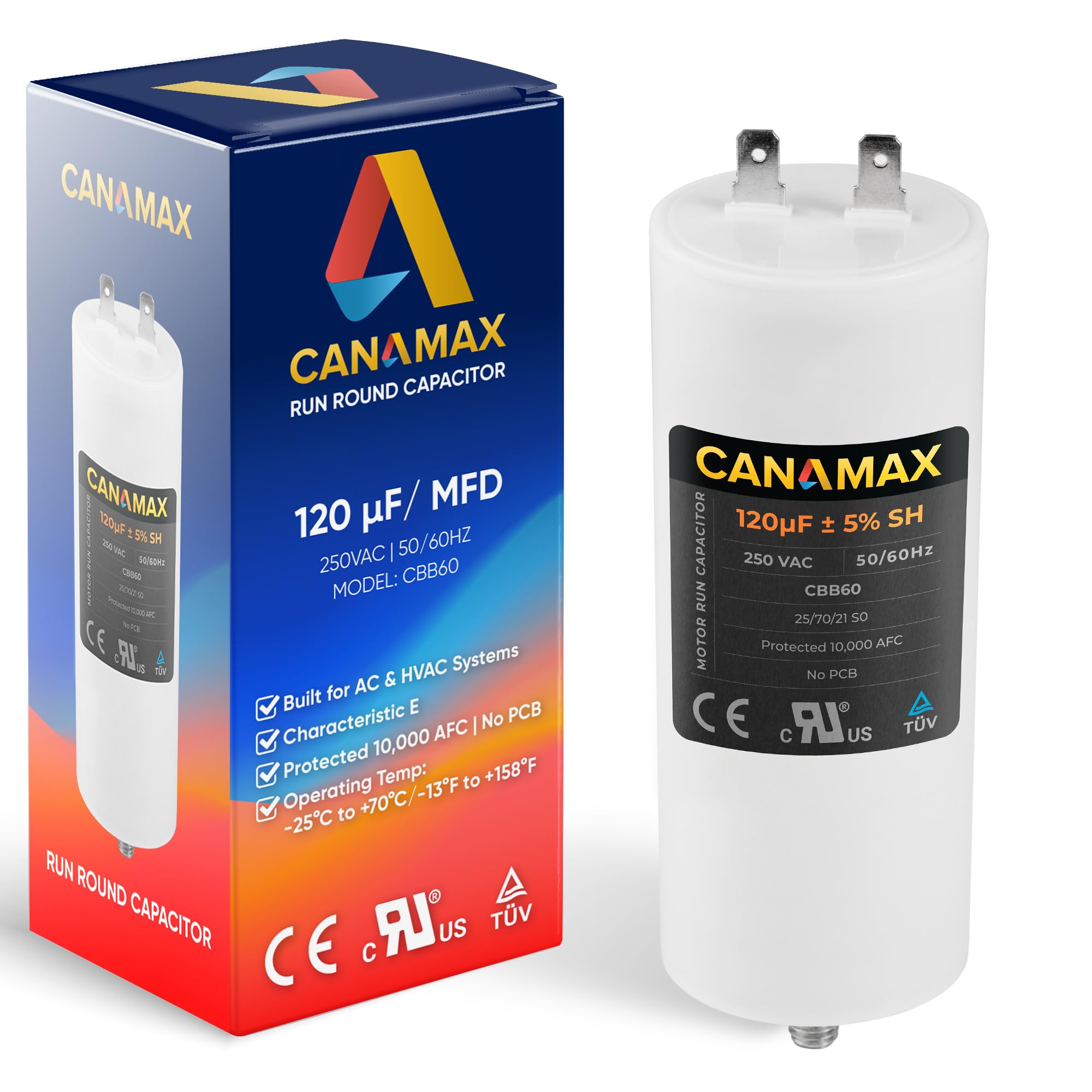 Photo 1 of 120 uf 120 MFD 250 VAC ±5% Volts CBB60 Round Motor Run Capacitor 50/60 Hz AC Electric by Canamax - Compatible with Single Phase Motor Capacitors Condenser Straight Cool or Heat Pump Air Conditioner