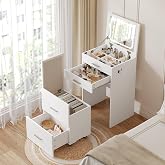 PulseFay 3 in 1 Vanity Desk with Flip Top Mirror, Compact Vanity | 3 Drawers Makeup Desk with 3 Colors Lights and Storage Cushioned Stool, Dressing Table Nightstand Perfect for Bedroom, White