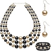 Otuuz 3 Pcs Women's Simulated Faux Three Multi Strand Pearl Statement Necklace Earring and Bracelet Costume Jewelry Set
