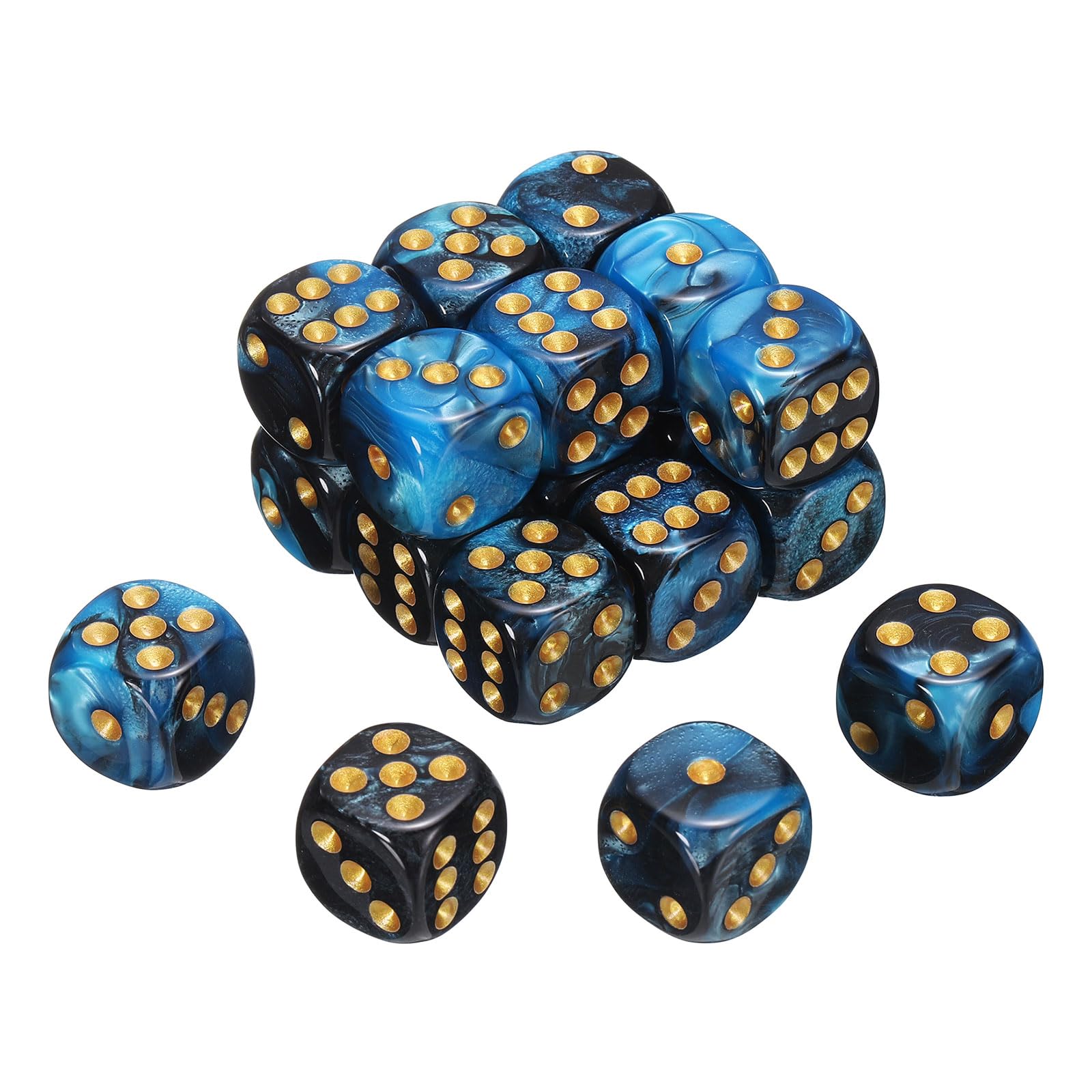 sourcing map 20Pcs 6 Sided Standard Dice, 2 Colors 16mm Acrylic D6 Mini Polyhedral Pearl Pattern Game Dice Set for Table Games, Blue and Black/Gold Point