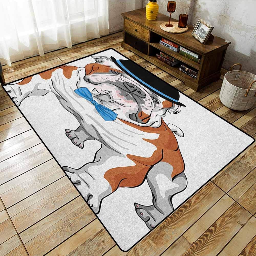 Non-Slip Rug，English Bulldog，Pure Breed Hipster Dog with Vintage Hat and Bow Tie Sketch Animal，Rustic Home Decor Brown Black Blue