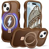 Amzfield for iPhone 13 Case for iPhone 14 Case, Compatible with Magsafe Invisible Magnetic Ring Stand Wavy Frame Cute Translucent Hard Back Silicone Bumper Shockproof Phone Case Women Girls, Brown