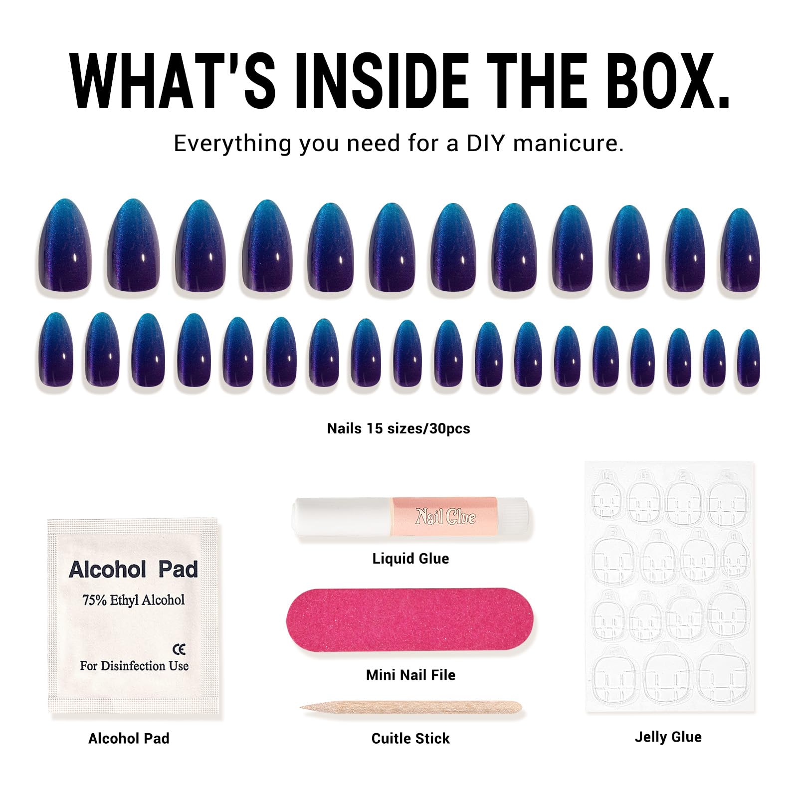 Melodysusie Press On Nails Almond (Blue Purple Cat Eye),Medium Nails Press ons, Salon-like Natural Finish, Reusable Fake Nails, 15 Sizes, 30PCS Nails Kit with Glue - Image 5