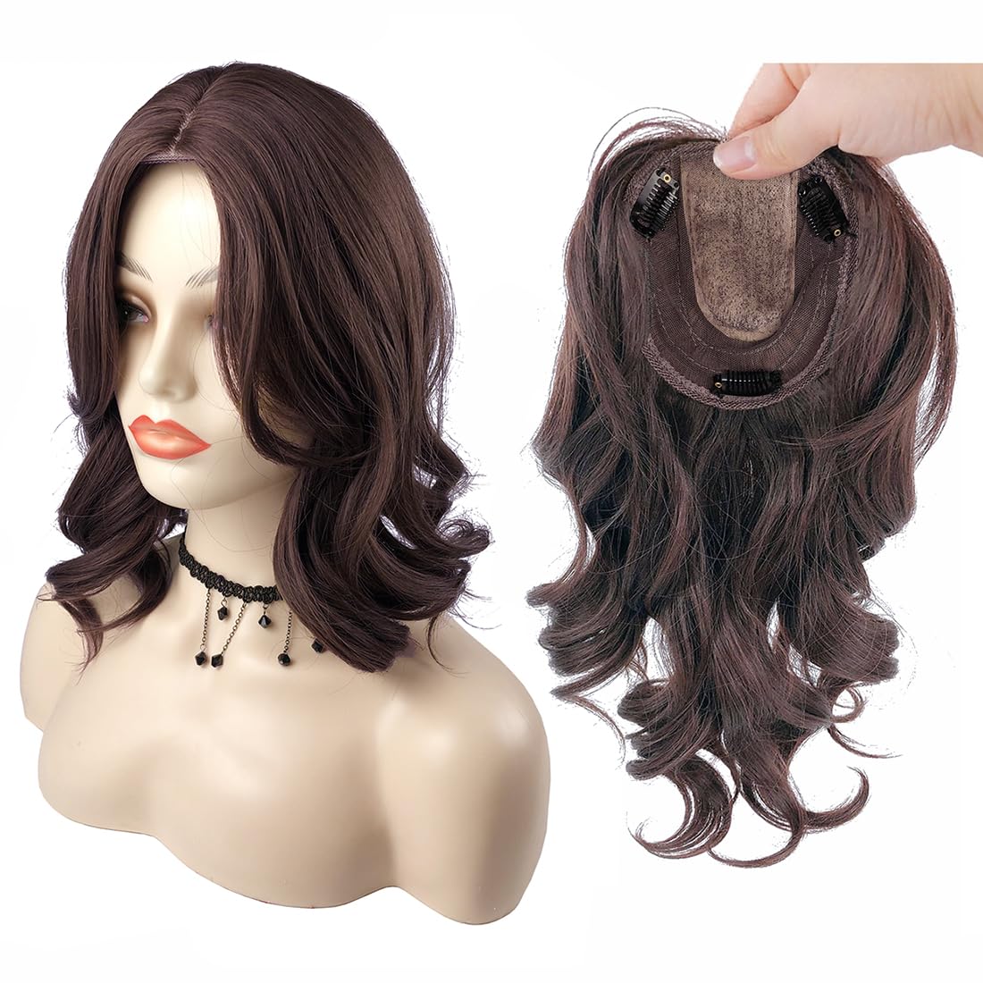 Middle Part Fringe Piece French Loose Wavy Hair Topper 14inch Full Head Wear Clip in Toupee Hair Closure (Off Black)
