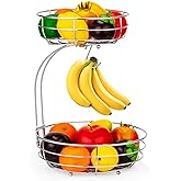 Auledio 2-Tier Countertop Fruit Vegetables Basket Bowl Storage With Banana Hanger,Chrome