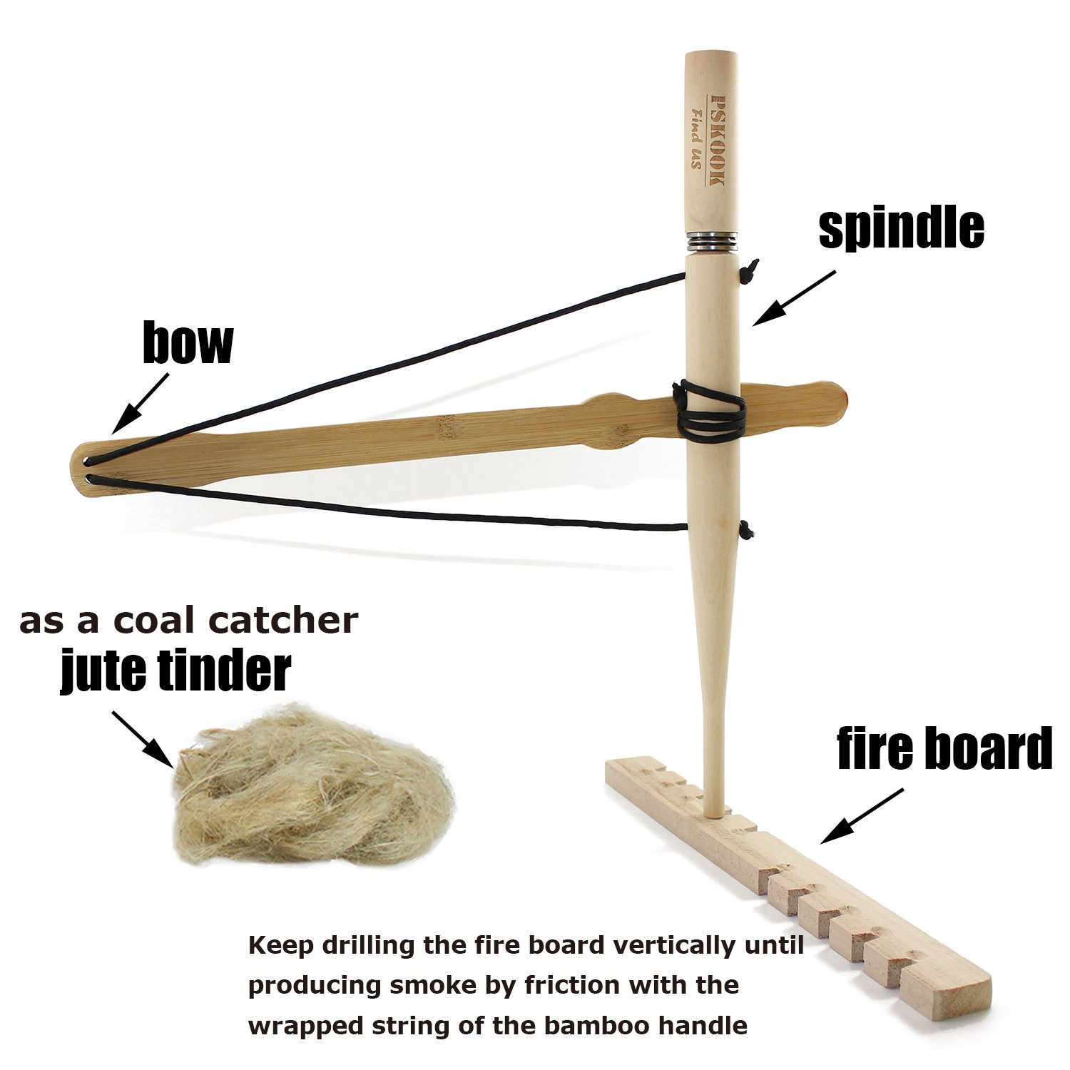 SURVIVAL KOOK Primitive Fire Bow Drill Fire Starter Kit Drill Wood to