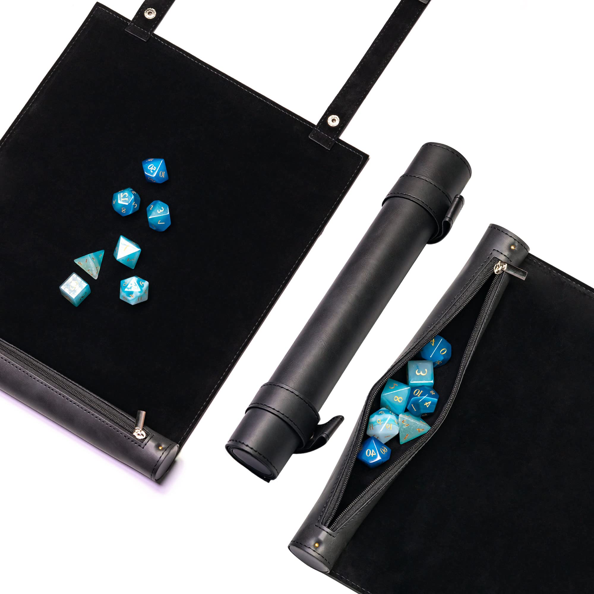 Cusdie 2 in 1 Rolling Mat & Zippered Dice Holder Dice Tray- Compatible with Dungeons and Dragon DND Polyhedral Dice (Black)