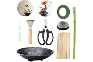WANDIC Flower Arrangement Kit, Set of 51, Round Flower Holders, Ceramic Flower Pot, Kenzan Needle Cleaning Pin & Rake, Floral Stems and Floral Tape for Flower Arranging Art