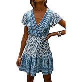 R.Vivimos Women Summer Short Sleeve Casual Bohemian Beach Ruffle Floral Print Bow Tie Short Sun Dress