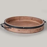 Round Coffee Table Tray - 13.2'' Farmhouse Wood Serving Tray with Metal Handles - Round Decorative Trays for Coffee Table - Wooden Circle Trays for Kitchen Counter