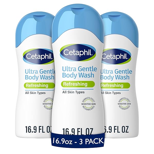 CETAPHIL ULTRA GENTLE REFRESHING BODY WASH, REFRESHING SCENT FOR DRY TO NORMAL, SENSITIVE SKIN, 16.9OZ PACK OF 3, WITH ALOE VERA, CALENDULA, VITAMIN B5, HYPOALLERGENIC, DERMATOLOGIST TESTED