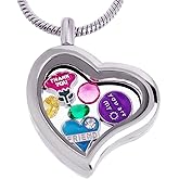 RUBYCA Themed Heart Locket Necklace Crystal Birthstone Living Memory Floating Charm Silver Tone DIY
