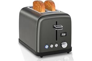 SEEDEEM Toaster 2 Slice, Stainless Steel Bread Toaster, LCD Display, 7 Shade Settings, 1.4'' Wide Slots, Digital Toaster for Bagel, Defrost, Reheat Functions, Removable Crumb Tray, 900W, Dark Metallic