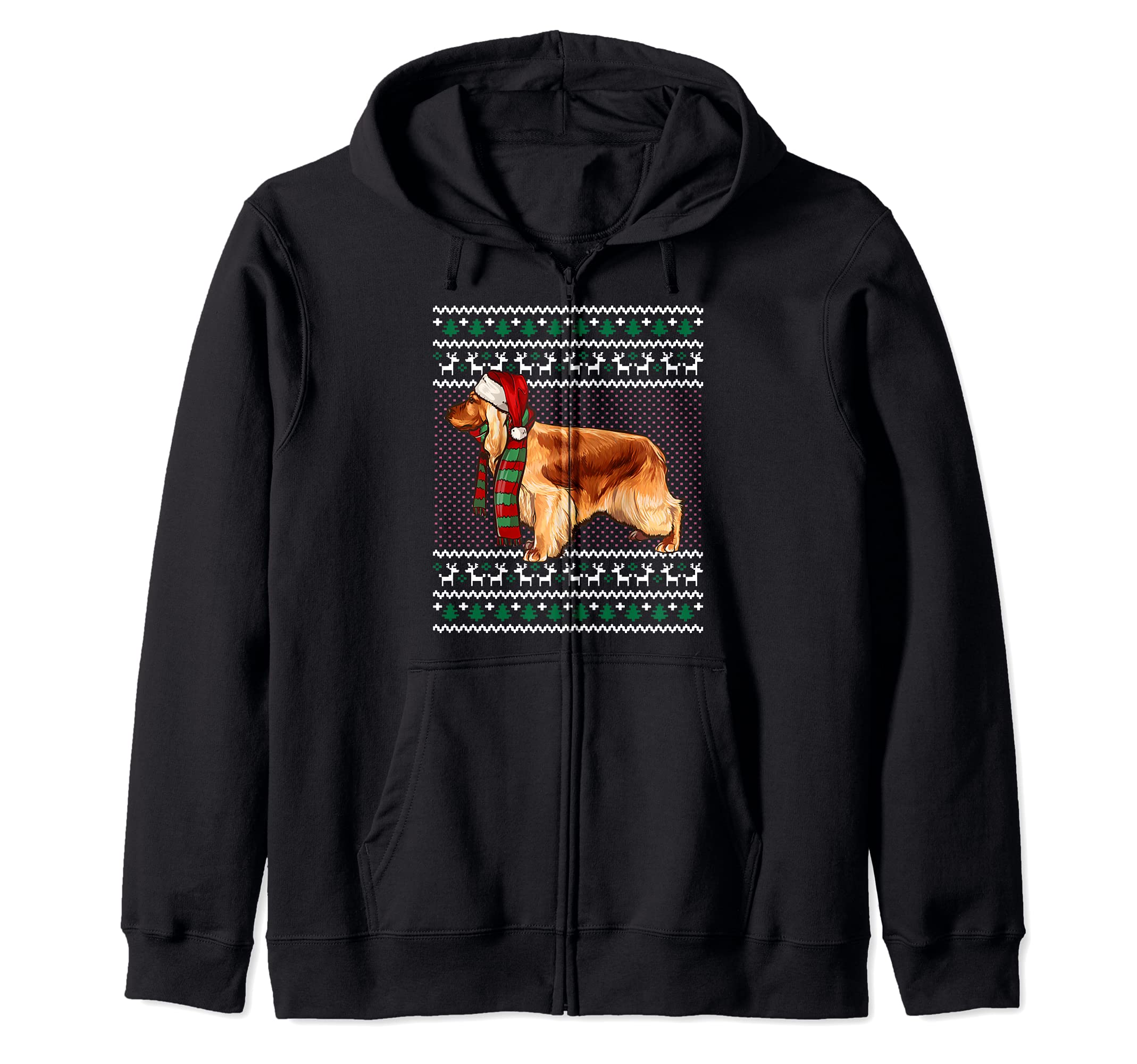 Xmas English Cocker Spaniel Dog Santa Hat Ugly Christmas Zip Hoodie