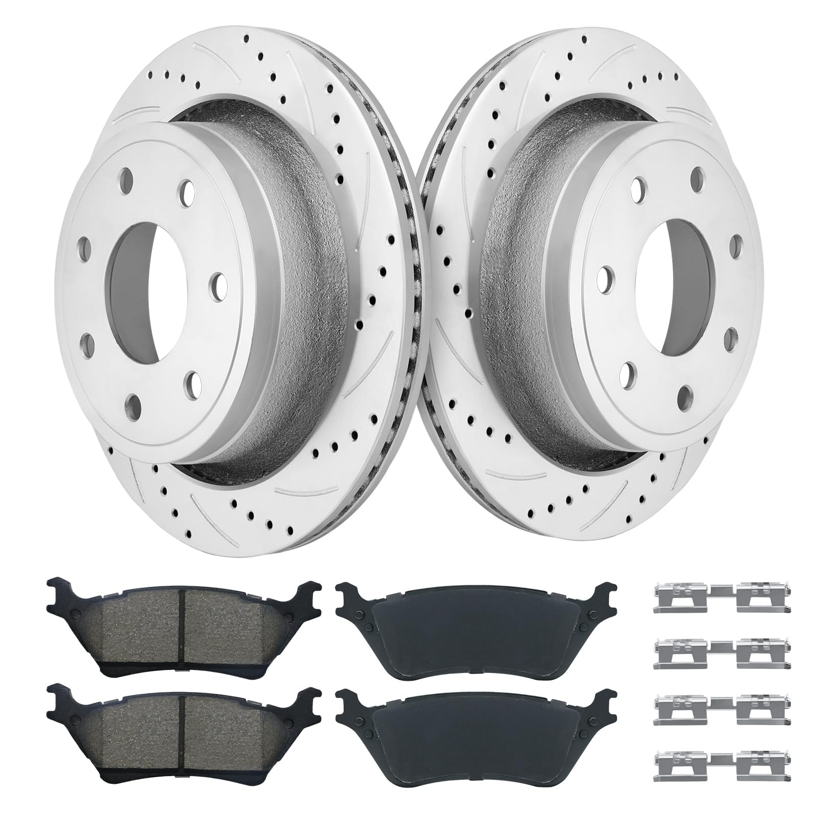 Photo 1 of ** NEW / COMPLETE / NO RETURNS** 7-Lug Rear Disc Brakes and Rotors Geomet Drilled Slotted Replace for 12-14 Ford F-150, 12-13 Ford Lobo, Heavy Duty Payload: 680977, 19306767, 18A2918, BRRF-208, BRRF-289, CL3Z-2C026-B, CL3Z-2C026-E