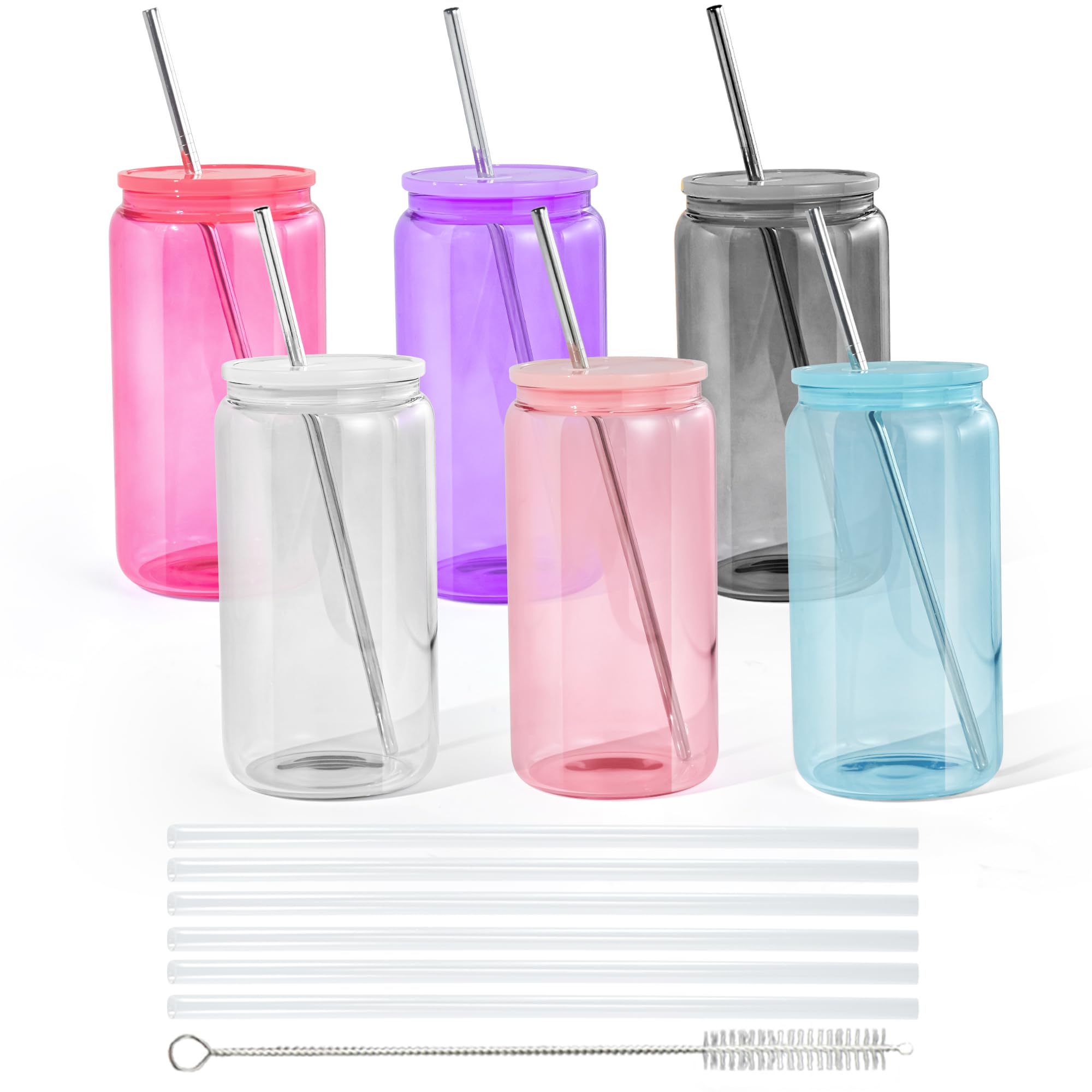 Photo 1 of 16oz Plastic Mason Jars, 6Pack Clear Mason Drinking Acrylic Cups with Lids and Stainless Steel Straws Iced Coffee Cups Shatterproof Unbreakable Tumblers for Smoothies, Beer, Coffee, Milk Tea, Colored