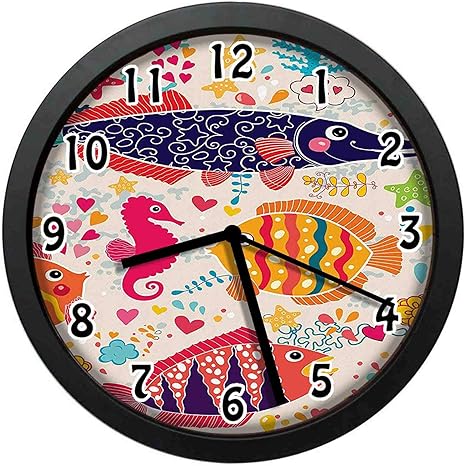 Amazon Co Jp 魚とタツノオトシゴヒトデイルカサンゴ水中生活子供たちと漫画します 寝室 居間 事務所などの壁掛け時計 直径24 7cm ホーム キッチン