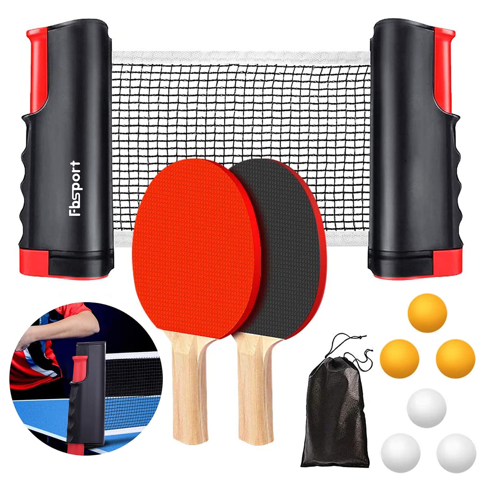 FBSPORT Table Tennis Set, Ping Pong Bats Set with 2 Paddles, 1 Retractable Net, 6 Balls, 1 Carrying Bag, for Trainer Adults Families Indoor Outdoor