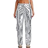 ODIZLI Womens Shiny Metallic High Waist Holographic Cargo Pants with Pockets Hip Hop Club Wear Streetwear