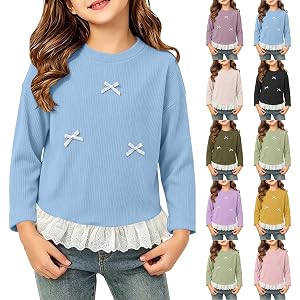 Girls Long Sleeve Shirts Lace Hem Undershirts Bow Ribbed Layering Pullover | soft stretchy comfy ribbed bow detail lace hem l