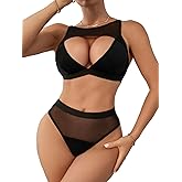 OYOANGLE Women's 2 Piece Lingerie Set Mesh Cut Out Wireless Bra And Thong Panty