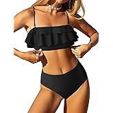 ZAFUL Layered Ruffle Bikini for Women High Waisted Bikini Sets Spaghetti Bandeau Swimsuits Padded Bathing Suit