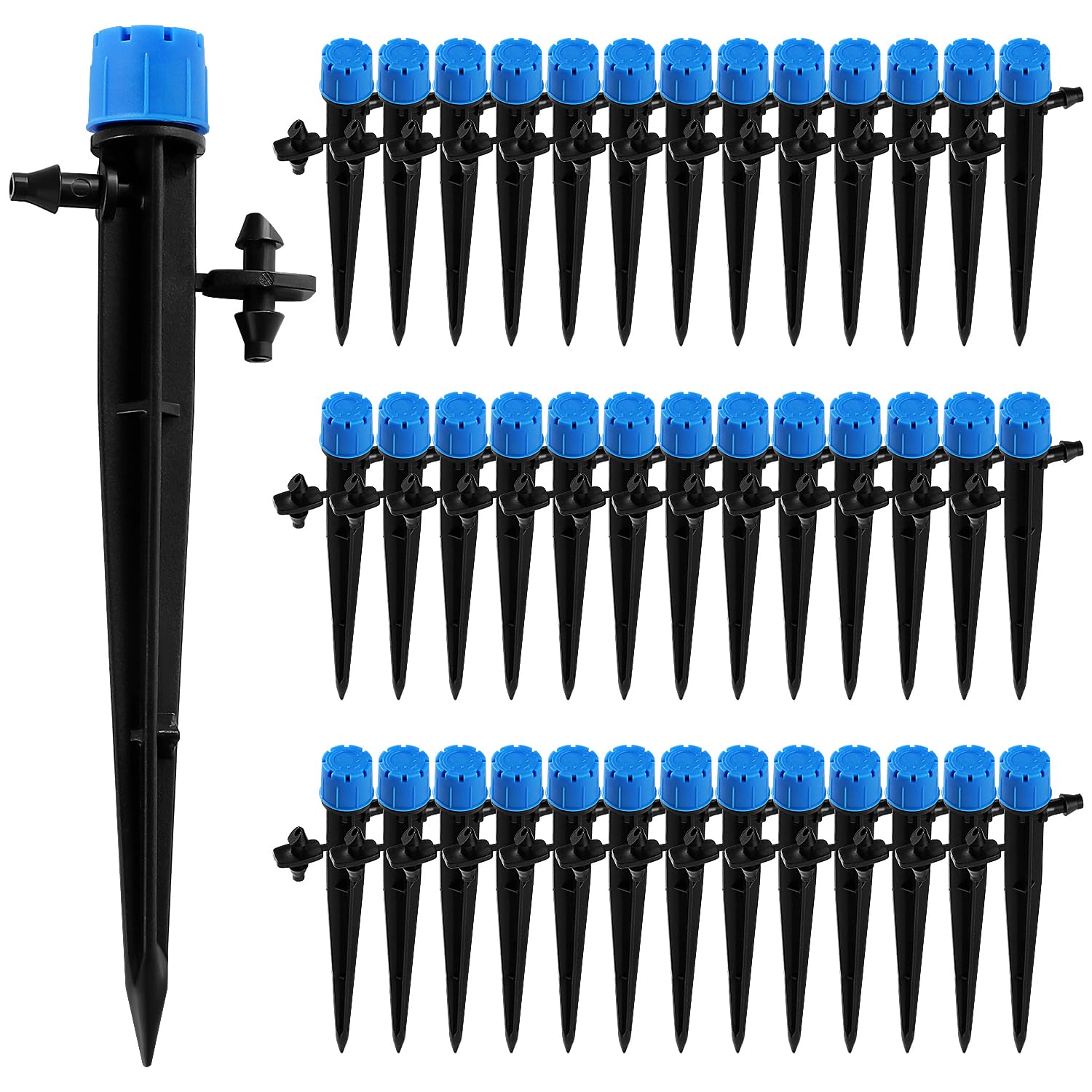 VooGenzek 40 PCS 360 Degree Adjustable Irrigation Dripper Sprinkler, Micro 8-Hole Stake Emitter Dripper for 4/7 mm Garden Hose Irrigation System, Water Flow Stake Emitter, Blue (with Connector)