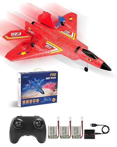 Remote Control Plane F-22 Raptor, Rc Airplane with Smart Gyro/LED  Lights/3 Rechargeable Batteries, Foam RC Jet Glider Gift for Kids Boys  Girls