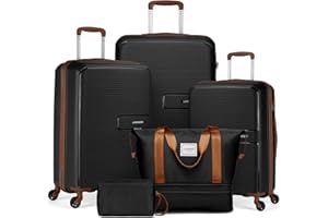LARVENDER Luggage Sets 5 Piece, Expandable Luggage PP Hardside Carry on Suitcase Sets with Spinner Wheels, Lightweight Rolling Suitcase for Men and Women, Black Brown