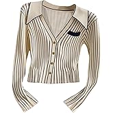 SweatyRocks Women's Striped Button Front Collared T Shirts Casual Long Sleeve Fitted Going Out Tops