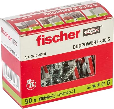 fischer 555106 DUOPOWER Wall Plugs with Screws Red Gray 6x30 50 Pieces