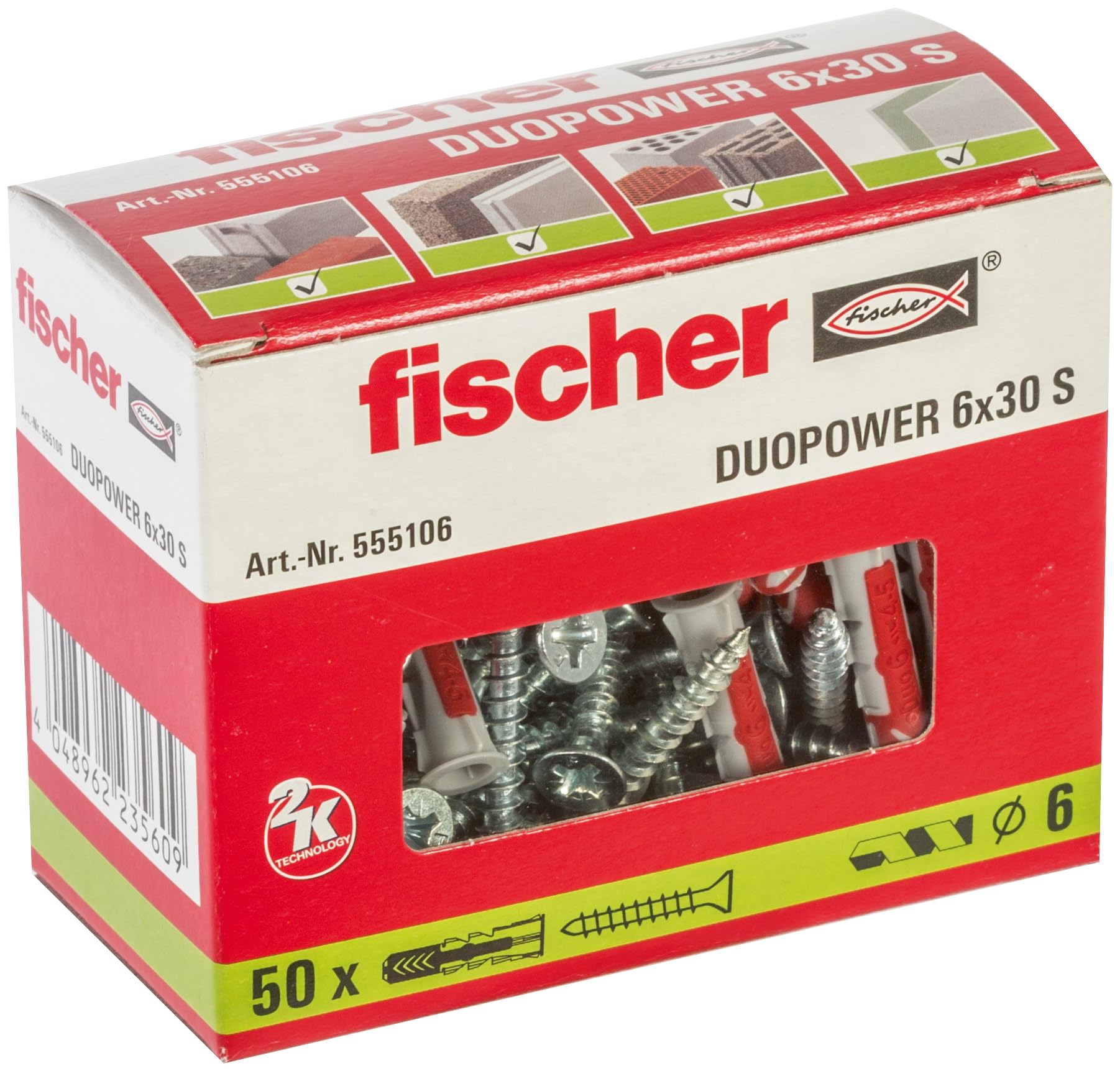 fischer 555106 DUOPOWER Wall Plugs with Screws, Red/Gray, 6x30-50 Pieces