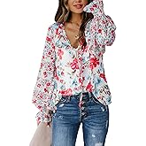 Biucly Women's Casual Boho Floral Print V Neck Long Sleeve Drawstring Tops Loose Blouses Button Down Shirts