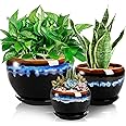AVLA 3 Pack Ceramic Flower Pots, Gardening Drip Glazed Planter, Plant Pot with Drainage Hole and Saucer, 7/5/4 Inch Rustic Ho