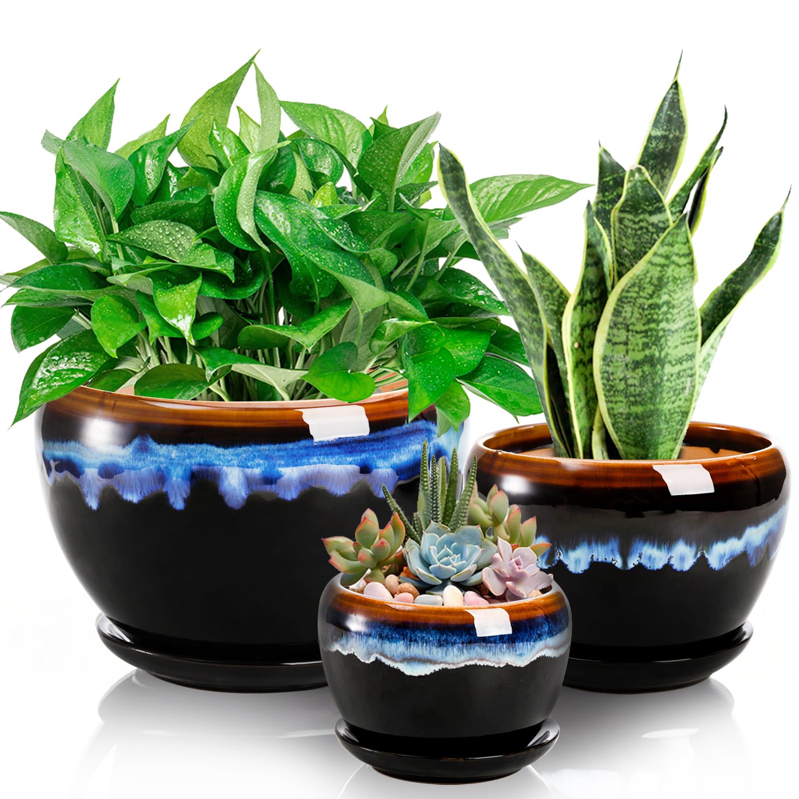 Photo 1 of AVLA 3 Pack Ceramic Flower Pots, Gardening Drip Glazed Planter, Plant Pot with Drainage Hole and Saucer, 7/5/4 Inch Rustic Houseplant Container for Succulent Herbs Cactus Orchid, Home Indoor Outdoor