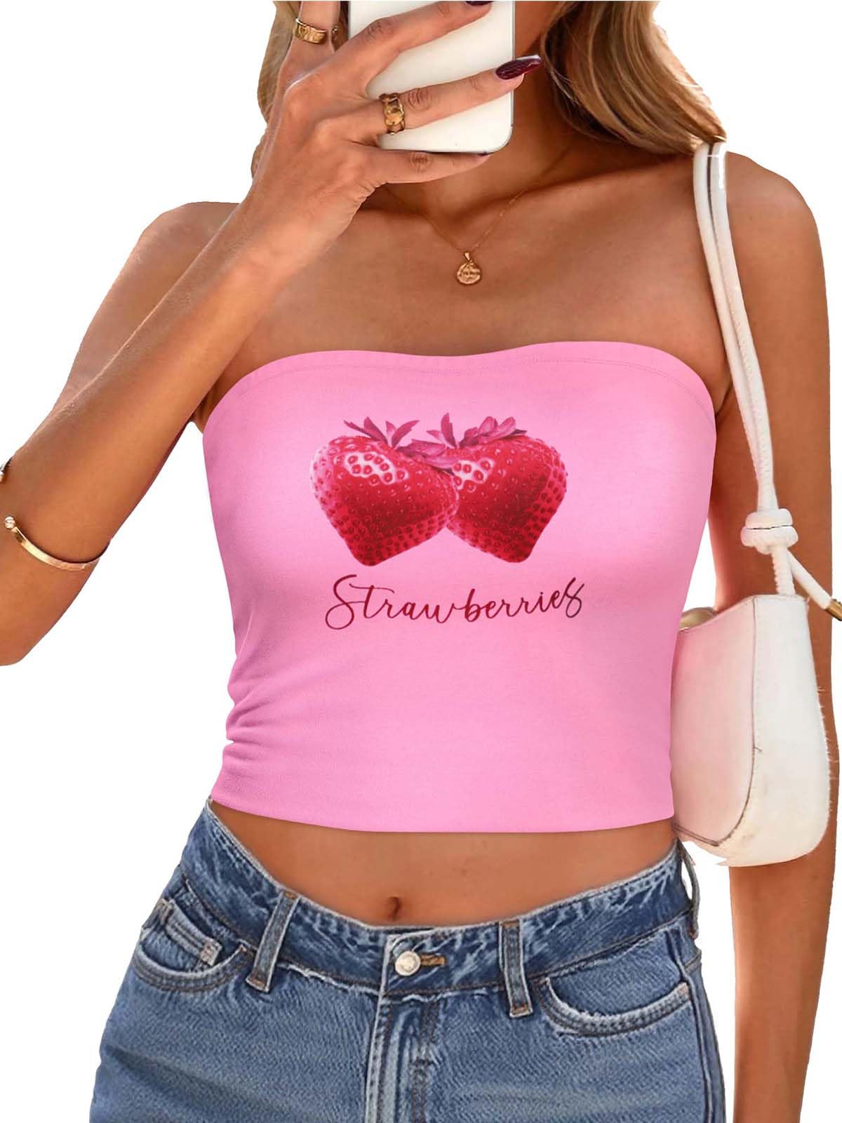 Photo 1 of 2 Women Tube Tops Strapless Shirt Summer Outfits Bandeau Basic Crop Top Y2k Going Out(Pink Strawberry,S)
