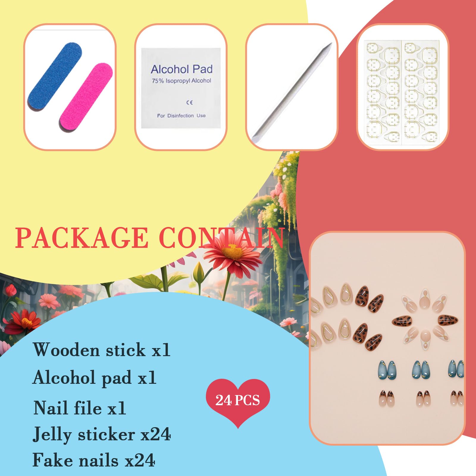 Almond Press on Nails Medium Leopard French Tip With Stars Design Gold Blue Artificial 3D Full Cover Acrylic Glue on Ombre Stick on for Women - Image 5