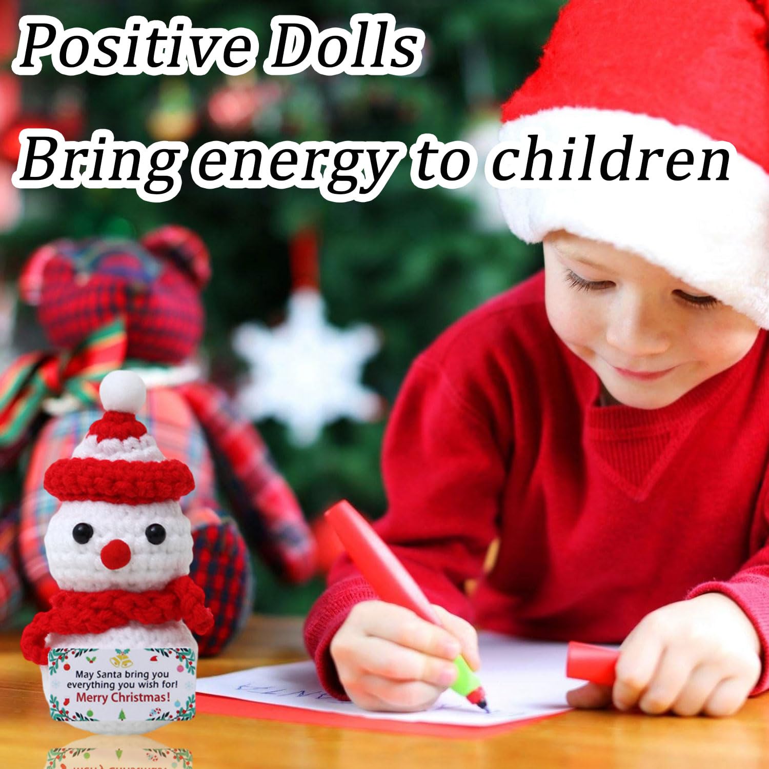 Photo 1 of 1 Pcs Christmas Positive Crochet Snowman Doll Mini Positive Crochet Animals Cute Stuff Things with Christmas Hat Inspirational Card Handmade Positive Potato Emotional Plush Doll for School Office Home