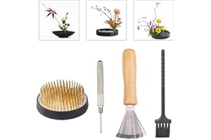 WANDIC Flower Frog Set, 4 Pcs Ikebana Tools Round Flower Holder & Needle Straightening Tool & Cleaning Brushes for Floral Arrangement Art