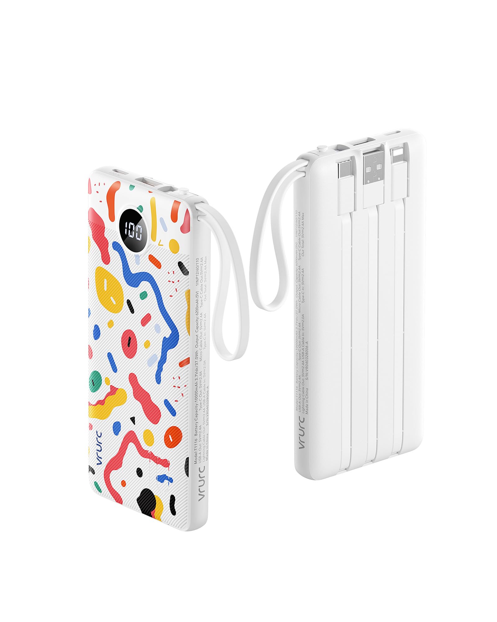 VRURC Portable Charger, Built-in Cables Power Bank 10000mAh, LED Display Slim USB C Battery Pack with 5 Output 2 Input for iPhone, Samsung, Android etc-White(1 Pack) Image