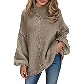 Saodimallsu Womens Oversized Cable Knit Sweater Chunky Mock Neck Long Lantern Sleeve Fall Trendy Tunic Sweaters Top