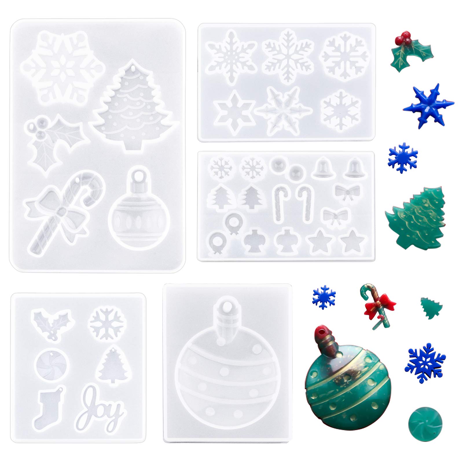 WANDIC Christmas Silicone Resin Molds, 5 Packs Christmas Epoxy Molds Colorful Christmas Balls Molds Christmas Tree Snowflakes Canes Alphabet Casting Molds for Christmas Craft Making