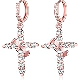 Hersin Crown Cross Earrings for Women 18K Gold Plated Diamond Drop Dangle Cross Hoop Earrings Small CZ Huggie Hoops Faith Cross Jewelry Gifts for Women Men