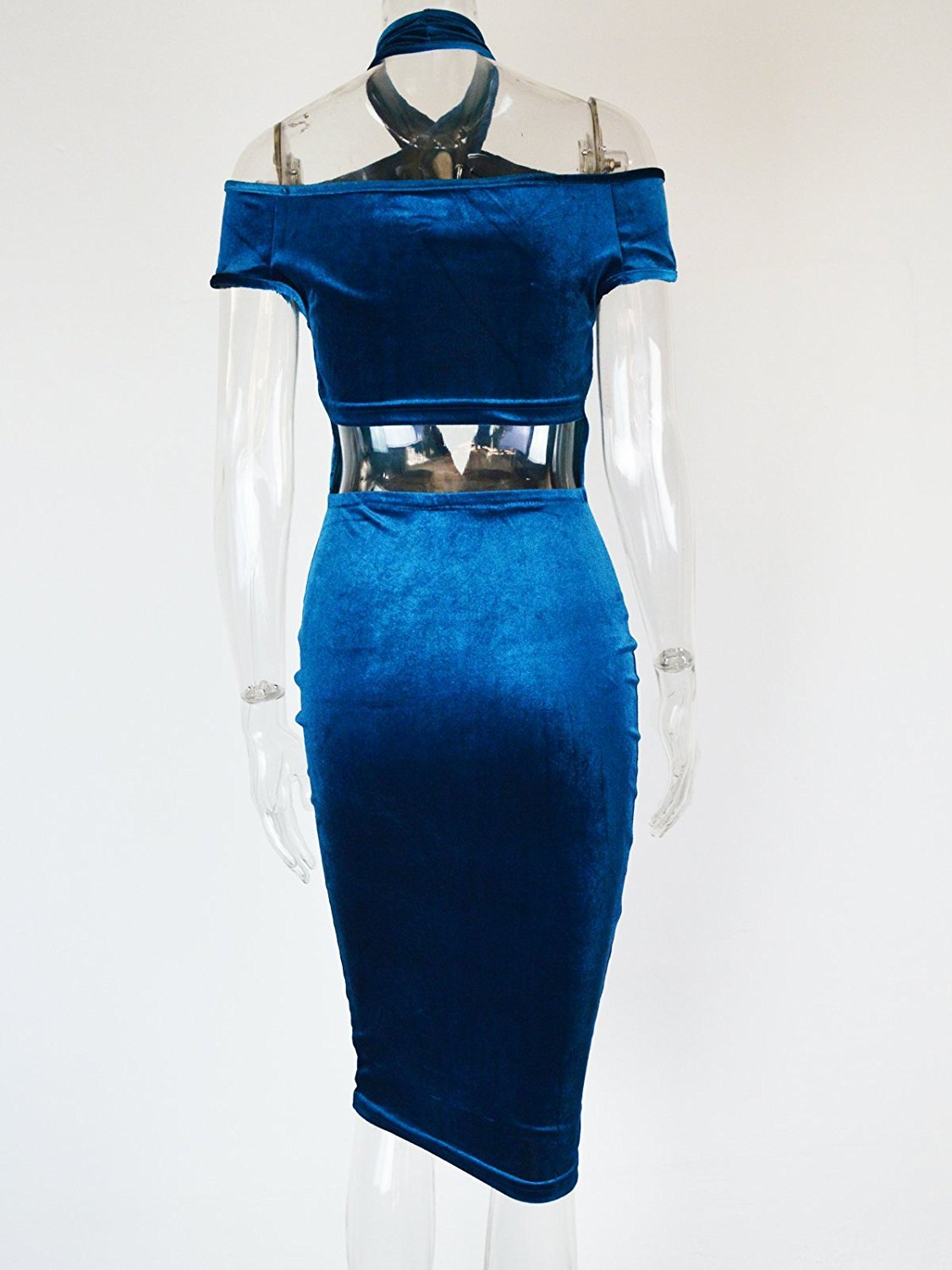 Women\'s Sexy Halter Off Shoulder Velvet Midi Club Bodycon Dress Dark Blue L