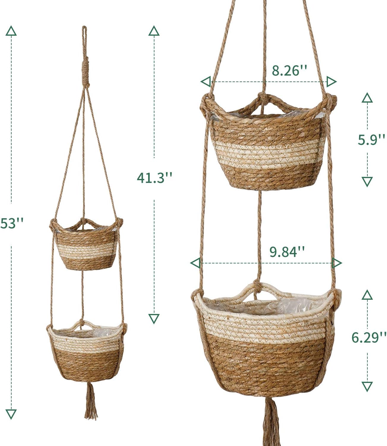 Seagrass Hanging Planters Basket Indoor - Hanging Two Layers Natural Seagrass Basket Flower Pot Holder Containers Storage Organizer with Waterproof Plastic Liner, 53 Inch Long (Brown&Beige): Garden & Outdoor