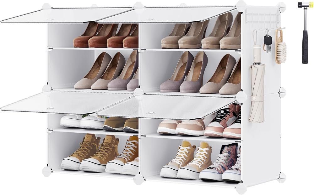SONGMICS Interlocking Shoe Rack 4 Slot Plastic Storage Cabinet White LPC032W01