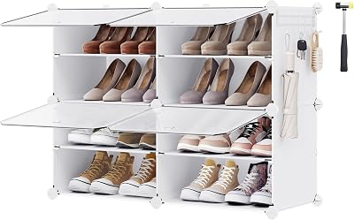SONGMICS Interlocking Shoe Rack 4 Slot Plastic Storage Cabinet White LPC032W01
